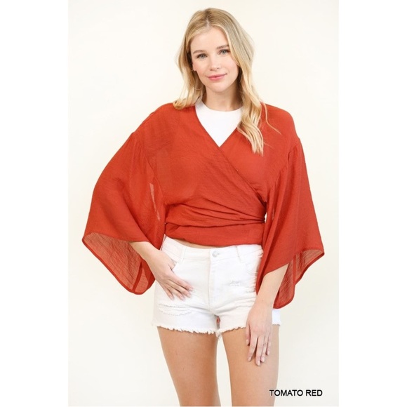 Red wrap kimono top - Picture 3 of 4